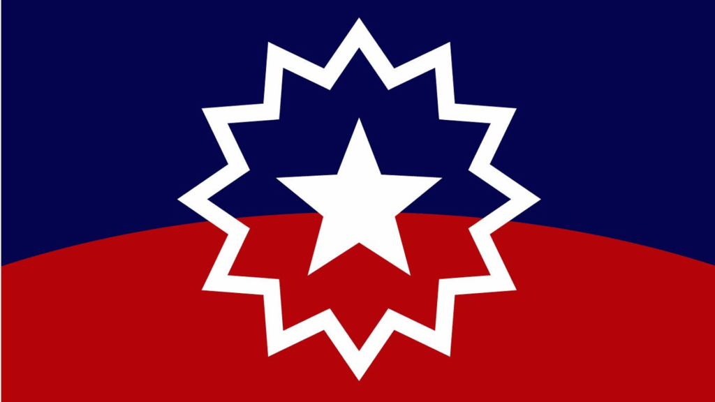 Juneteenth flag featuring a blue and red background divided by a horizontal arc, a white star in the center, and a starburst outline representing a new beginning and freedom for formerly enslaved people.