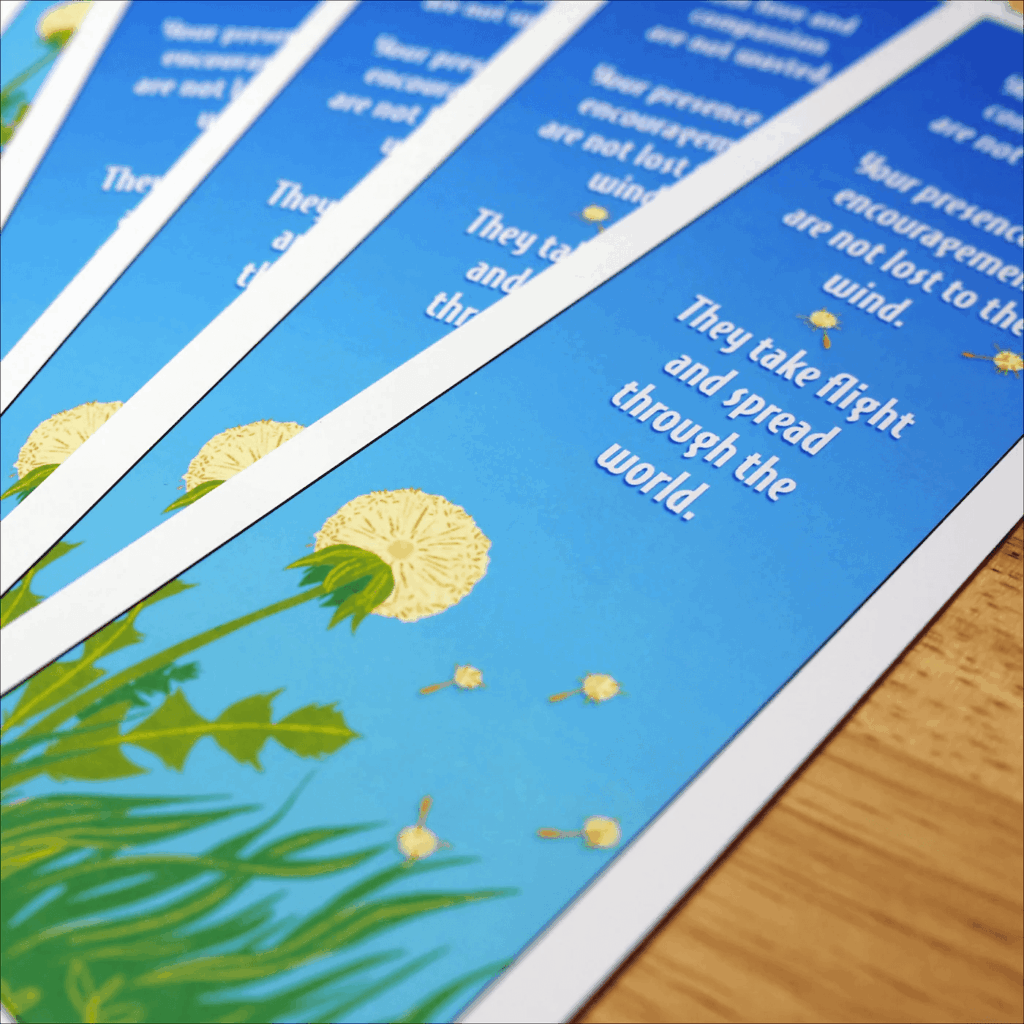 Row of dandelion-themed bookmarks with an encouragement message: “They take flight and spread through the world.” A meaningful and easy gift for church volunteer appreciation.