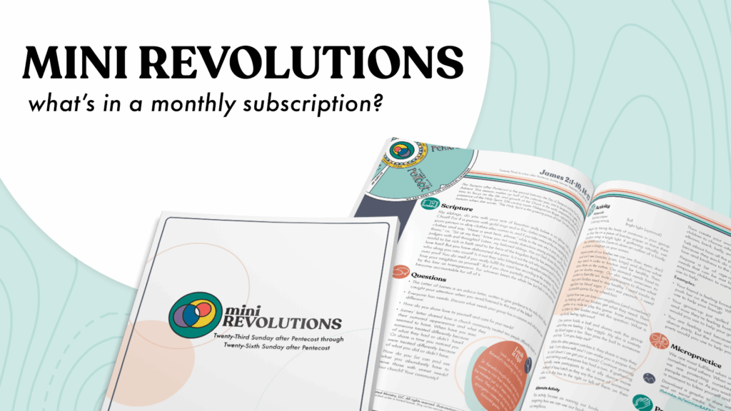 Cover and open pages of the Mini Revolutions curriculum guide with title text, "Mini Revolutions: What's in a Monthly Subscription?"