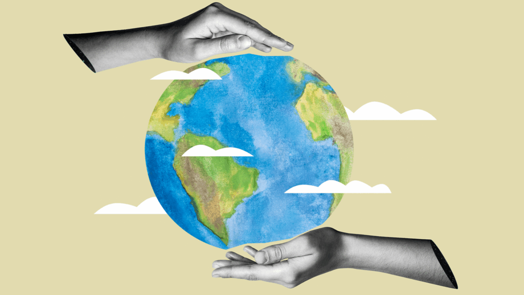 Stylized collage showing hands gently holding a watercolor globe surrounded by clouds—symbolizing compassion, care, and shaping a peaceful world.