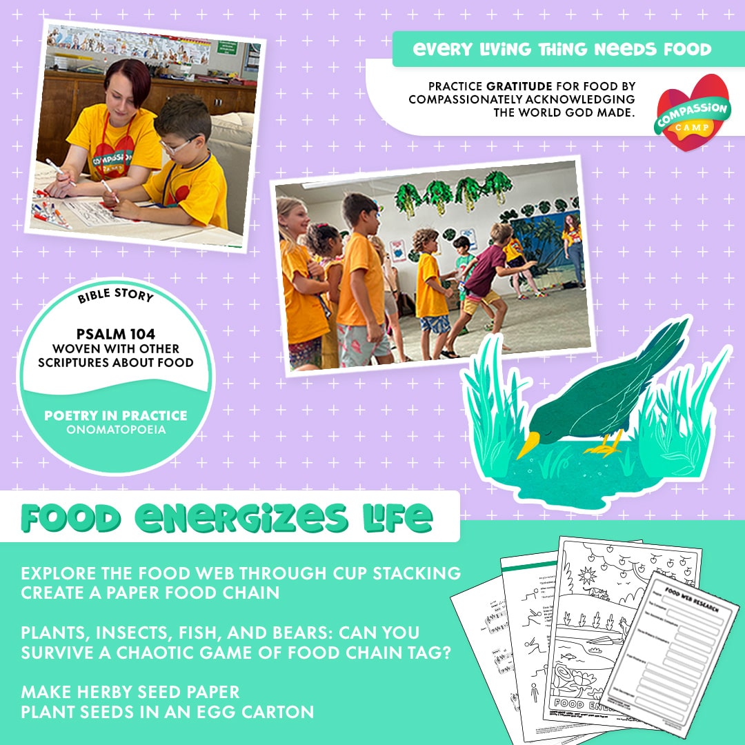 Kids write and play together beneath green decorations; panel notes Psalm 104 and the theme “Food energizes life,” with sample food-web activities.