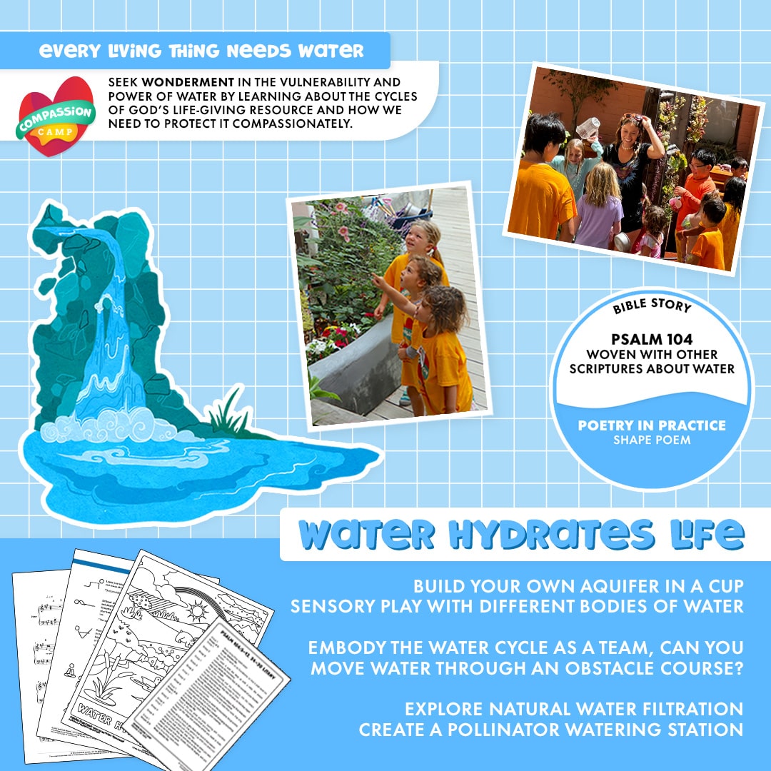 Children explore a garden and water station beside an illustrated waterfall; theme reads “Water hydrates life,” rooted in Psalm 104.