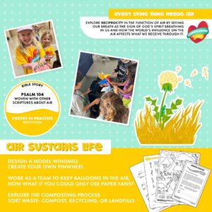 Kids craft pinwheels and keep balloons aloft; dandelion illustration; theme “Air sustains life,” connected to Psalm 104.