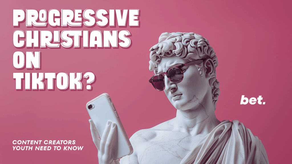 Digital artwork of Michelangelo’s David wearing sunglasses and holding a smartphone against a pink background with the words "Progressive Christians on TikTok? Content creators youth need to know."