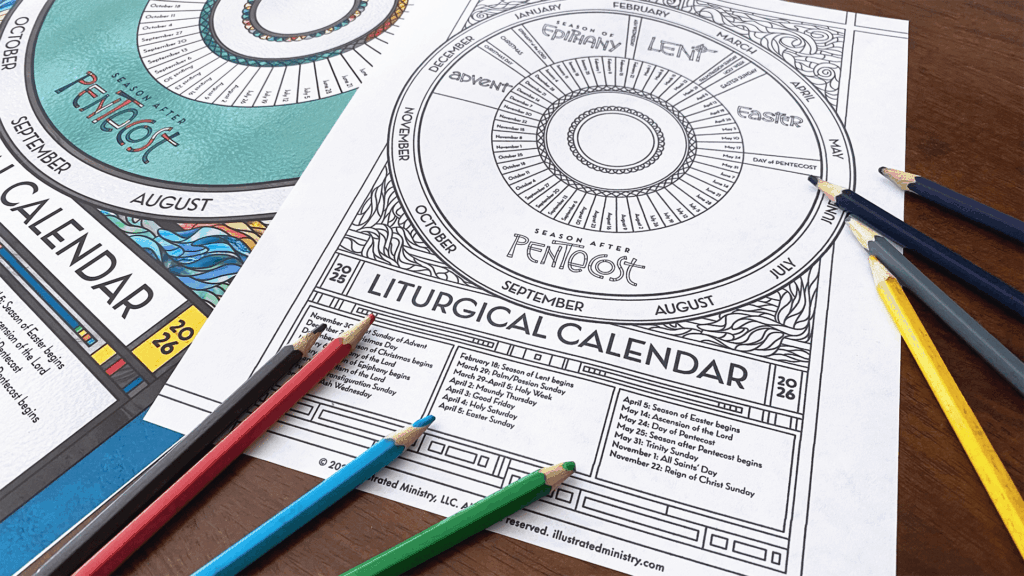 Illustrated Ministry liturgical calendar poster alongside a black-and-white coloring page with colored pencils, showing creative ways to engage youth in liturgical year planning.