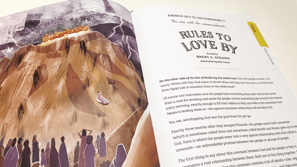 An interior spread from God’s Stories as Told by God’s Children showing an illustration of Moses on a mountain with fire and smoke, facing a crowd below. The opposite page includes the story title “Rules to Love By” and printed text.
