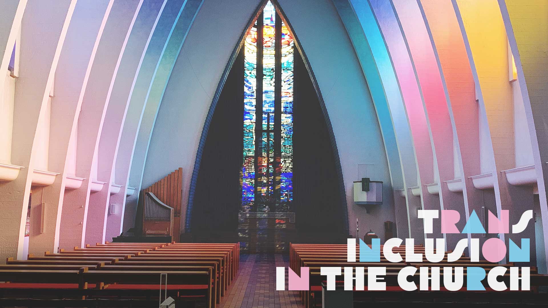 A church sanctuary with soft rainbow and pastel lighting along the walls and a colorful stained-glass window at the front, symbolizing LGBTQIA+ inclusion in Christian spaces.