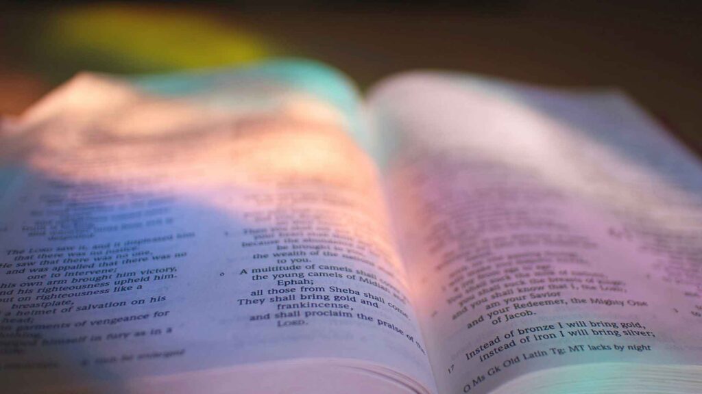 An open Bible with soft rainbow-colored light reflecting across its pages, symbolizing the intersection of scripture and LGBTQIA+ affirmation.
