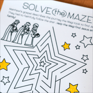 A children’s activity page featuring a star-shaped maze with yellow stars colored in and small illustrations of the Magi at the top.