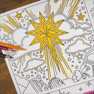 A close-up of a coloring page showing a large radiant star over clouds and smaller stars. Parts of the star and rays are colored yellow, and colored pencils lie on the page.