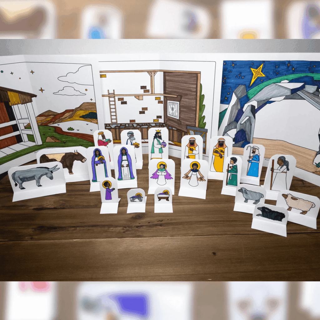Paper storytelling figures for the Epiphany story, including the Magi, Holy Family, and animals, arranged in front of illustrated backdrops.