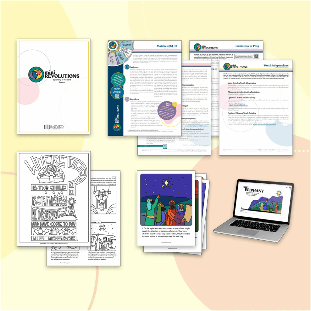 Mini Revolutions Epiphany lesson materials displayed digitally and in print, including lesson pages, activities, and illustrated scripture resources.