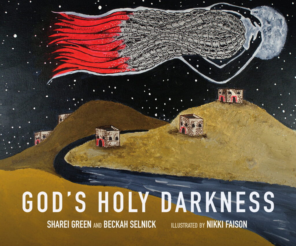 Illustrated book cover for God’s Holy Darkness, showing a flowing, winged figure moving through a dark night sky above small houses and hills, suggesting mystery, movement, and divine presence.