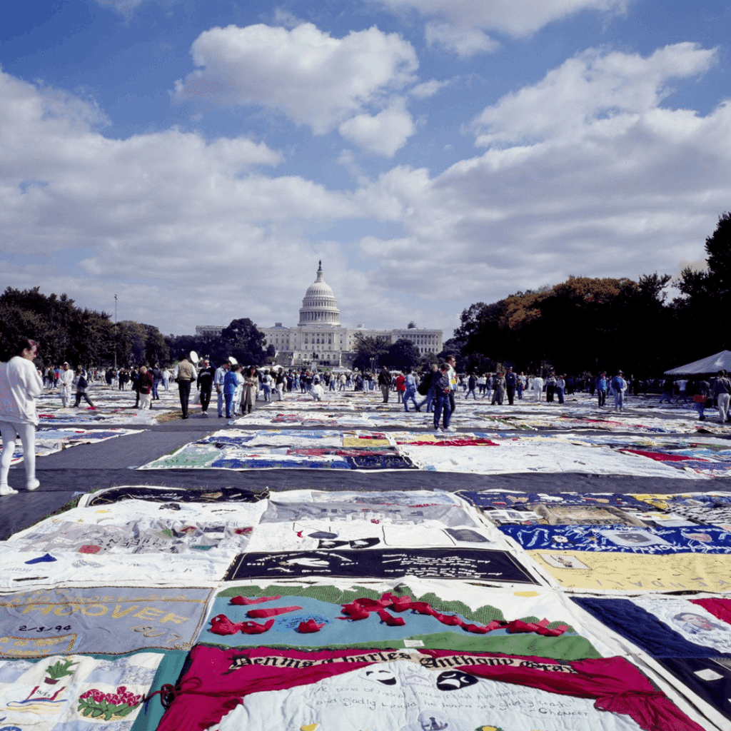 Large panels of the AIDS Memorial Quilt displayed on the National Mall in Washington, D.C., honoring people who died of HIV/AIDS.